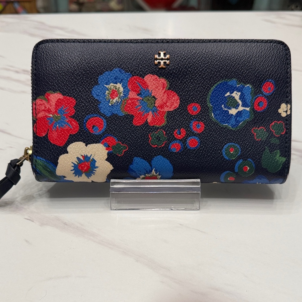 Tory Burch Navy Floral Zip-Around Wallet with Gold Logo